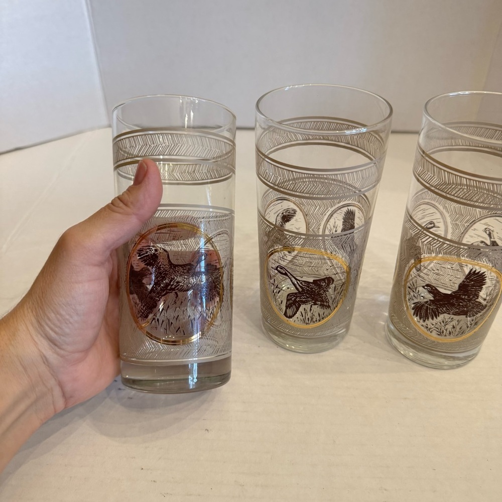 3 VTG 1970s MCM Libbey Highball Pheasant Glasses Game birds Brown Gold